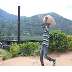 Muž s pytlem kávy na hlavě ve Rwandě.