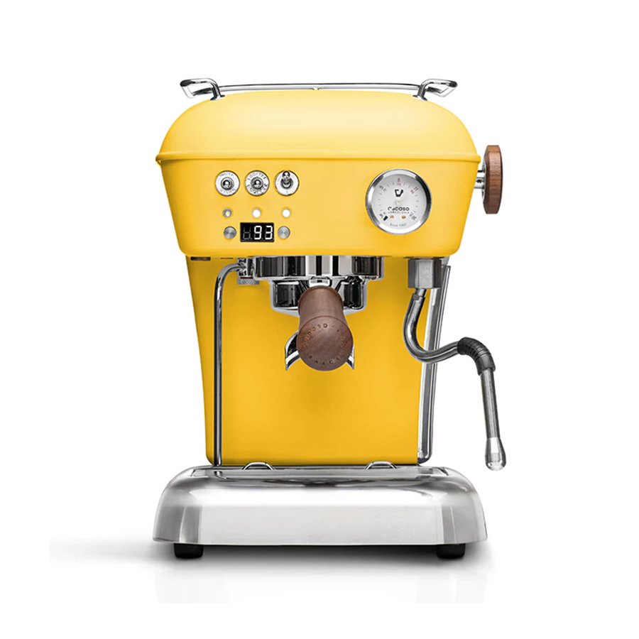 Žlutý pákový kávovar Ascaso Dream PID s nastavováním teploty.