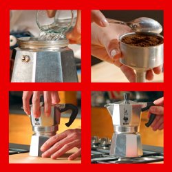 Postup přípravy kávy v Bialetti Moka Express konvičce v jednotlivých krocích.